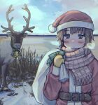  1girl bell belt blush brown_belt brown_hair closed_mouth day eyebrows_visible_through_hair hair_ornament hat holding holding_sack iwakura_lain looking_at_viewer outdoors red_headwear red_scarf reindeer rnfhv sack santa_costume santa_hat scarf serial_experiments_lain short_hair solo x_hair_ornament 