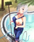  1girl absurdres alternate_costume blue_eyes blue_overalls breasts broom hair_ornament hair_over_one_eye hairclip hamakaze_(kancolle) highres holding holding_broom hose kantai_collection large_breasts naked_overalls nipples one_breast_out overalls pool_ladder poolside sarfata short_hair silver_hair solo standing 
