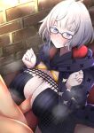  1boy 1girl bangs black_dress blush breast_squeeze breasts cleavage dain_(bishop_m) dress fate/grand_order fate_(series) glasses grey_hair hetero highres jacques_de_molay_(foreigner)_(fate) large_breasts long_sleeves looking_at_viewer paizuri penis short_hair smile 