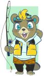  animal_crossing anthro beaver blonde_hair blue_eyes brown_body brown_fur c.j._(animal_crossing) eyebrows eyewear eyewear_on_head facial_hair fishing_rod fur hair hi_res male mammal mustache nintendo rodent solo stubble sunglasses sunglasses_on_head thick_eyebrows video_games 