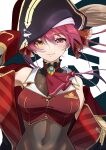  1girl absurdres arrow_through_heart ascot black_headwear breasts closed_mouth commentary_request covered_navel hair_between_eyes hair_ribbon hat heterochromia highres hololive houshou_marine kouno_(srk_2800) light_smile looking_at_viewer medium_breasts pirate_hat red_ascot red_eyes red_hair red_ribbon ribbon simple_background smile solo virtual_youtuber white_background wind yellow_eyes 
