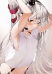  1girl amatsukaze_(kancolle) armpits blush breasts closed_mouth collarbone gradient gradient_background hair_between_eyes hair_tubes hands_in_hair highres irokiiro kantai_collection long_hair navel shirt short_sleeves silver_hair small_breasts solo two_side_up upper_body white_shirt windsock yellow_eyes 
