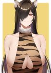  1girl absurdres animal_ears bangs bare_shoulders border breasts brown_hair cleavage cleavage_cutout closed_mouth clothing_cutout collarbone commentary covered_nipples fang forehead fur_trim hair_over_one_eye highres large_breasts long_hair looking_at_viewer memero_7272 no_bra original parted_bangs red_eyes sagging_breasts shiny shiny_hair smile solo split_mouth striped two-tone_background upper_body white_border 