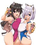  2girls absurdres animal_ear_fluff animal_ears animal_hands black_hair blue_eyes blush breast_press breasts competition_swimsuit covered_navel cowboy_shot eyebrows_visible_through_hair fake_animal_ears fang fangs gloves hair_ornament hair_over_one_eye hairband hairclip hamakaze_(kancolle) highleg highleg_swimsuit highres kantai_collection large_breasts long_hair looking_at_viewer multicolored_hair multiple_girls naganami_(kancolle) one-piece_swimsuit open_mouth paw_gloves pink_hair purple_swimsuit short_hair silver_hair simple_background swimsuit symmetrical_docking tail tiger_ears tiger_tail two-tone_hair wavy_hair white_background white_swimsuit yoshi_tama 