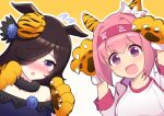  2girls animal_ears animal_hands black_hair blush breasts chinese_zodiac haru_urara_(umamusume) headband highres horse_ears long_hair looking_at_viewer mocchi multiple_girls open_mouth pink_eyes pink_hair portrait purple_eyes rice_shower_(umamusume) small_breasts tiger_ears umamusume year_of_the_tiger 