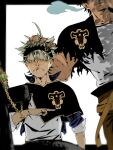  2boys asta_(black_clover) black_capelet black_clover blush capelet crying crying_with_eyes_open head_out_of_frame headpat highres male_focus mature_male multiple_boys muscular muscular_male nose_blush pectorals salute short_hair smoking solo_focus tako3 tank_top tears white_tank_top yami_sukehiro 