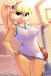  absurd_res anthro ball basketball_(ball) bottomless clothed clothing digital_media_(artwork) eyebrows eyelashes female fingers front_view genitals hair hi_res lagomorph leporid lola_bunny looking_at_viewer looney_tunes mammal pussy rabbit solo text twistedscarlett60 url warner_brothers 