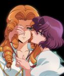  1990s_(style) 2girls absurdres anime_coloring aqua_eyes aqua_sailor_collar arisugawa_juri bangs chromatic_aberration closed_eyes drill_hair fingernails from_side half-closed_eyes hand_on_another&#039;s_face highres jogio381ooo light_smile long_hair looking_to_the_side multiple_girls official_style one_eye_covered ootori_gakuen_school_uniform orange_hair parted_bangs purple_hair retro_artstyle school_uniform serafuku short_hair shoujo_kakumei_utena takatsuki_shiori undressing upper_body yuri 