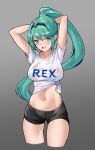  1girl :d arms_behind_head arms_up bangs black_shorts breasts casual collarbone cowboy_shot green_eyes green_hair grey_background highres jewelry large_breasts long_hair looking_at_viewer matrix16 midriff open_mouth pneuma_(xenoblade) ponytail print_shirt shirt short_shorts shorts simple_background smile solo swept_bangs t-shirt thigh_gap thighs tiara tied_shirt very_long_hair wet wet_clothes white_shirt xenoblade_chronicles_(series) xenoblade_chronicles_2 