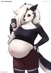  absurd_res anthro bahnbahn_(artist) belly big_belly bottomwear breasts canid canid_demon cellphone cleavage clothed clothing demon english_text female fingers fur grey_body grey_fur hair hand_on_hip hellhound helluva_boss hi_res legwear long_hair looking_down loona_(helluva_boss) mammal midriff motion_lines multicolored_body multicolored_fur narrowed_eyes pants phone portrait pregnant red_sclera selfie shorts simple_background solo standing stockings text thigh_highs three-quarter_portrait topwear two_tone_body two_tone_fur url white_background white_body white_eyes white_fur white_hair 