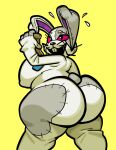  absurd_res anthro big_breasts big_butt bodily_fluids breasts butt clothing costume female five_nights_at_freddy&#039;s food hi_res lagomorph leporid long_ears looking_back low-angle_view mammal nondelismell overweight overweight_female pizza pizza_slice rabbit rear_view red_sclera scottgames seam_(sewing) simple_background solo sweat sweatdrop vanny_(fnaf) video_games yellow_background 