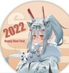  1girl 2022 :3 absurdres alternate_costume alternate_hair_color animal_ear_fluff animal_ears animal_hands animal_print ayanami_(azur_lane) azur_lane bangs blush choker closed_mouth commentary_request egasumi facepaint fang fur-trimmed_kimono fur_trim gloves hair_between_eyes happy_new_year highres japanese_clothes kemonomimi_mode kimono long_hair long_sleeves looking_at_viewer new_year ootsuki_momiji orange_eyes paw_gloves ponytail sidelocks silver_hair smile solo tiger_ears tiger_print white_tiger_print wide_sleeves 