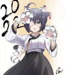  1girl 2022 ahoge alternate_hair_ornament animal_ears animal_hands arm_up bandages bangs black_ribbon black_skirt blue_eyes brown_background chuunibyou_demo_koi_ga_shitai! claw_pose clothing_request eyepatch fake_whiskers fang gunu_(nyzn3223) hair_ornament hair_stick hand_up highres looking_at_viewer medical_eyepatch neck_ribbon one_side_up open_mouth ribbon shiny shiny_hair short_hair skirt solo tail takanashi_rikka tiger_ears tiger_paws tiger_tail white_background 