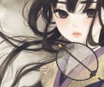  1girl bangs black_eyes black_hair cropped floating_hair hand_fan highres japanese_clothes kimono layered_clothing layered_kimono long_hair long_sleeves looking_at_viewer original paper_fan parted_lips portrait print_kimono sepia_background solo uchiwa ushiyama_ame yellow_kimono 