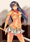  1girl armor asou_yuuko bangs bikini_armor blue_eyes blue_hair breasts cleavage closed_mouth commentary_request cowboy_shot gem gold_armor long_hair metal midriff miniskirt mugen_senshi_valis navel okobore_de_shou red_bandana red_scarf revealing_clothes scarf shoulder_pads skirt stomach sword vambraces weapon white_skirt 