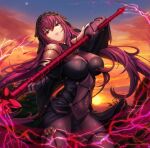  1girl absurdres armor bodysuit breasts cloud cloudy_sky covered_navel fate/grand_order fate_(series) flower forest gae_bolg_(fate) hair_intakes hibiscus highres large_breasts leotard long_hair nature outdoors pauldrons polearm purple_bodysuit purple_hair purple_leotard red_eyes red_lightning scathach_(fate) shoulder_armor sky spear sunset usd_(wwkr2537) very_long_hair weapon 