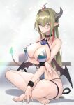  1girl absurdres barefoot blonde_hair breasts cleavage covered_nipples demon_tail demon_wings glasses highres hitowa horns indian_style leotard long_hair looking_at_viewer original pointy_ears purple_eyes sitting solo tail tattoo wings 