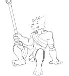  anthro bandage canid canine canis fours_(artist) halberd hi_res male mammal melee_weapon muscular muscular_male nude polearm relaxing rex_(fours) sitting solo warg_(fours) weapon wolf wounded 