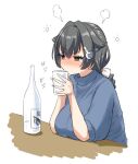  1girl alcohol angry black_hair blue_sweater bottle braid breasts drinking hair_flaps hair_ornament hairclip jingei_(kancolle) kantai_collection large_breasts long_hair low_ponytail red_eyes sake simple_background single_braid solo sweater tamu_(mad_works) upper_body white_background 
