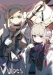  2girls ahoge animal_ears arknights asymmetrical_gloves bangs black_gloves blonde_hair blue_hairband blue_shirt brown_scarf cape checkered_clothes checkered_scarf closed_mouth collar cowboy_shot crescent crescent_pin earmuffs eyebrows_behind_hair eyebrows_visible_through_hair fox_ears fox_girl fox_tail gloves green_eyes hairband highres holding holding_staff infection_monitor_(arknights) jacket looking_at_viewer miniskirt mismatched_gloves multicolored_hair multiple_girls multiple_tails open_clothes open_jacket purple_eyes purple_scarf purple_skirt scarf shirt short_hair sidelocks siguma_(13238772100) skirt smile staff star_(sky) sussurro_(arknights) suzuran_(arknights) tail two-tone_hair upper_body white_cape white_gloves white_hair white_jacket 