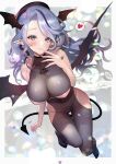  1girl absurdres bare_shoulders beret blue_hair blush bodystocking breasts cleavage demon_tail demon_wings hat head_wings heart highres hitowa long_hair looking_at_viewer navel original pointy_ears purple_eyes see-through smile solo spoken_heart tail wings 