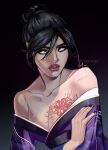  1girl apex_legends bangs black_hair breasts chest_tattoo cleavage collarbone glowing glowing_eyes grey_eyes hair_bun japanese_clothes kimono off_shoulder parted_lips portrait purple_kimono scar solo tattoo thick_eyebrows thick_lips twitter_username vontvirus wraith_(apex_legends) 
