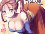  1girl bare_shoulders blush breasts cleavage dragon_quest dragon_quest_viii dress heart jessica_albert large_breasts leaning_forward maki_(seventh_heaven_maxion) off-shoulder_shirt off_shoulder purple_shirt red_dress red_hair shiny shiny_hair shiny_skin shirt simple_background solo twintails 