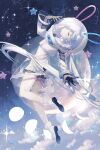  1girl animal_ears aono_99 astronaut bunny heterochromia highres moon original pale_skin pink_eyes purple_eyes rabbit_ears rabbit_girl see-through sky space spacesuit star_(sky) star_(symbol) starry_sky starry_sky_print twintails white_hair 