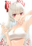  1girl arm_up armpits bandages bandeau bare_arms bare_shoulders bow breasts bruise bruise_on_face cigarette cleavage commentary_request fujiwara_no_mokou hair_bow highres holding holding_cigarette injury long_hair looking_at_viewer medium_breasts midriff mijikayo_wako red_eyes sarashi silver_hair simple_background smoking solo strapless touhou tube_top upper_body white_background white_bow wiping_face 