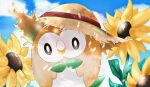  animal_focus bird black_eyes blue_sky blurry bright_pupils clothed_pokemon cloud commentary_request day depth_of_field flower hat hat_ribbon head_tilt highres looking_at_viewer no_humans outdoors pokemon pokemon_(creature) red_ribbon ribbon rowlet sky straw_hat sunflower white_pupils yellow_flower yellow_headwear ynmr_ll 