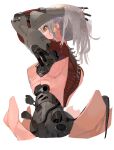  1girl absurdres android breasts from_side green_eyes grey_hair hair_behind_ear hand_in_hair highres looking_ahead mechanical_arms mechanical_parts medium_breasts original piston science_fiction short_hair sideboob solo twintails tying_hair white_background yunimaru 