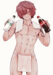  1boy abs arm_tattoo bangs blush bottle bulge coca-cola collarbone cowboy_shot fate/grand_order fate_(series) fundoshi fuuma_kotarou_(fate) hair_over_one_eye half-closed_eye hands_up highres holding holding_bottle japanese_clothes kamenakake looking_at_viewer male_focus navel nipples parted_bangs pectorals red_eyes red_hair see-through_silhouette short_hair simple_background skull_tattoo smile soda_bottle solo standing tattoo toned toned_male towel towel_around_neck underwear underwear_only 