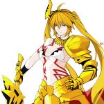 1girl absurdres ahoge angelica_ainsworth armor bikini blonde_hair blue_eyes bra breasts cosplay ea_(fate/stay_night) eyebrows_visible_through_hair fate/kaleid_liner_prisma_illya fate_(series) gilgamesh_(fate) gilgamesh_(fate)_(cosplay) gold_armor hair_between_eyes hair_ribbon highres holding holding_ribbon holding_sword holding_weapon jewelry large_breasts long_hair looking_at_viewer moedredd navel necklace ribbon solo swimsuit sword tattoo twintails underwear very_long_hair weapon white_bikini white_bra 