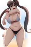  1girl :d absurdres bangs barefoot bikini black_bikini blue_bikini blue_eyes blurry blurry_background blush_stickers breasts brown_hair cleavage cobra_no_oyatsu commentary_request curvy double_bun hair_between_eyes highres huge_breasts long_hair looking_at_viewer mismatched_bikini navel open_mouth pokemon pokemon_(game) pokemon_bw2 rosa_(pokemon) smile solo standing standing_on_one_leg stomach stretch swimsuit thighs twintails very_long_hair visor_cap 