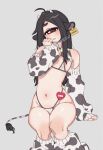  1girl ahoge animal_ears animal_print bell bikini black_hair blush collar cow_ears cow_horns cow_print cow_tail cowbell cyclops detached_sleeves ear_tag flat_chest grey_background hand_up heart highleg highleg_bikini highres horns invisible_chair knee_blush leg_warmers long_hair long_sleeves looking_at_viewer metal_collar muku-chan_(muroku) muroku_(aimichiyo0526) name_tag navel neck_bell one-eyed original parted_lips red_eyes simple_background sitting solo swimsuit tail thick_eyebrows white_bikini 
