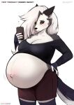  absurd_res anthro artist_name bahnbahn_(artist) belly big_belly big_breasts bodily_fluids bottomwear breasts canid canid_demon cellphone cleavage clothed clothing cum demon english_text female fingers fur genital_fluids grey_body grey_fur hair hand_on_hip hellhound helluva_boss hi_res legwear long_hair looking_down loona_(helluva_boss) mammal motion_lines multicolored_body multicolored_fur narrowed_eyes pants phone portrait pregnant red_sclera selfie shorts simple_background solo standing stockings text thigh_highs three-quarter_portrait topwear two_tone_body two_tone_fur url white_background white_body white_eyes white_fur white_hair 