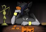  anthro big_breasts breasts canid canid_demon canine card card_game clothing darii_(topazknight) demon female fur gaming grey_body grey_fur hair hellhound hi_res inscryption looking_at_viewer mammal multicolored_hair shirt solo tank_top topazknight topwear 