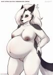  absurd_res anthro artist_name bahnbahn_(artist) belly big_belly big_breasts blush breasts canid canid_demon curvy_figure demon english_text female fingers fur genitals grey_body grey_fur hair half-closed_eyes hand_on_hip hellhound helluva_boss hi_res long_hair loona_(helluva_boss) mammal multicolored_body multicolored_fur narrowed_eyes nipples nude portrait pregnant pussy red_sclera simple_background solo standing text thick_thighs three-quarter_portrait two_tone_body two_tone_fur url voluptuous white_background white_body white_eyes white_fur white_hair wide_hips 