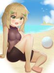  1girl absurdres ainuru bangs bare_shoulders beach blonde_hair breasts child eyebrows_visible_through_hair flower future_knight green_eyes guardian_tales hair_flower hair_ornament highres light_brown_hair long_hair on_ground open_mouth outdoors sand sitting sky sleeveless small_breasts water 