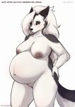  absurd_res anthro artist_name bahnbahn_(artist) belly big_belly big_breasts blush bodily_fluids breasts canid canid_demon curvy_figure demon english_text female fingers fur genitals grey_body grey_fur hair half-closed_eyes hand_on_hip hellhound helluva_boss hi_res lactating long_hair loona_(helluva_boss) mammal multicolored_body multicolored_fur narrowed_eyes nipples nude portrait pregnant pussy red_sclera simple_background solo standing text thick_thighs three-quarter_portrait two_tone_body two_tone_fur url voluptuous white_background white_body white_eyes white_fur white_hair wide_hips 