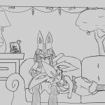  anthro canid canine cinderace digital_media_(artwork) duo female fur furniture grey_background happy lagomorph lucario lying_on_sofa male mammal nintendo novaarts on_sofa pok&eacute;mon pok&eacute;mon_(species) relaxing romantic romantic_couple simple_background smile sofa video_games 