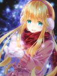  1girl blonde_hair blue_eyes earmuffs highres jacket long_hair long_sleeves looking_at_viewer mittens original pink_jacket red_scarf sakuyabm scarf smile snow snowflakes snowing solo winter winter_clothes 