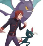  1boy bangs belt_buckle black_jacket buckle clenched_hand commentary_request crobat from_side hand_up highres jacket legs_apart long_sleeves male_focus medium_hair open_mouth pants pokemon pokemon_(creature) pokemon_(game) pokemon_hgss purple_pants red_hair silber_1224 silver_(pokemon) simple_background sneasel teeth tongue white_background 