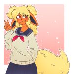  anthro arin_(character) blonde_hair bottomwear brown_eyes clothed clothing cosplay crazy_guy_(artist) eeveelution fangs female flareon fluffy fluffy_tail hair hi_res long_ears long_hair nails nintendo orange_body orange_skin pok&eacute;mon pok&eacute;mon_(species) skirt solo sweater topwear video_games 