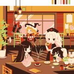  5girls animal_ears black_hair blonde_hair bow chair drink drinking_straw flat_color gohei hair_bow hair_tubes hakurei_reimu hat houraisan_kaguya inaba_tewi kirisame_marisa multiple_girls open_mouth plant rabbit_ears shinonoko sitting smile table touhou white_hair witch_hat yagokoro_eirin 