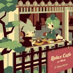  2girls album_cover architecture bird black_eyes blonde_hair blush cape chopsticks cover cross-laced_clothes cup dress earmuffs east_asian_architecture green_dress green_hair hat holding holding_cup multiple_girls plate pouring shinonoko short_hair sitting soga_no_tojiko table tate_eboshi tea teapot touhou toyosatomimi_no_miko 