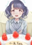  1girl absurdres artist_request bangs birthday_cake black_hair blazer blurry blurry_foreground blush cake commentary_request depth_of_field fangs flower flying_sweatdrops food fukumaru_koito grey_jacket hair_flower hair_ornament highres idolmaster idolmaster_shiny_colors jacket looking_at_viewer neck_ribbon purple_eyes ribbon school_uniform shirt skin_fangs solo swept_bangs twintails white_shirt 