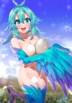  1girl bangs bird_legs blue_eyes blue_feathers blue_hair blue_wings blush breasts egg feathered_wings feathers hair_between_eyes harpy holding holding_egg light_censor long_hair medium_breasts monster_girl navel nude open_mouth original outdoors pussy_juice pussy_juice_trail solo standing standing_on_one_leg suou_sakura talons winged_arms wings 