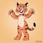  1:1 2022 anthro balls casual_nudity chibi digital_media_(artwork) felid fur genitals hair hi_res looking_at_viewer male mammal nipples nude open_mouth pantherine penis simple_background smile solo striped_body stripes tiger zeklullaby 