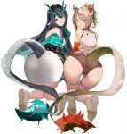  2girls all_fours arknights ass asymmetrical_hair back black_hair black_jacket black_panties braid breasts chinese_commentary colored_skin dragon_girl dragon_horns dragon_tail dress dusk_(arknights) earrings fiery_tail from_behind full_body gradient_skin green_hair green_skin hair_between_eyes horns jacket jewelry long_hair looking_at_viewer looking_back medium_breasts medium_hair multicolored_hair multicolored_skin multiple_girls nian_(arknights) off_shoulder orange_eyes panties parted_lips pencil_dress pointy_ears ponytail purple_eyes red_hair red_skin ritalem side_braid silver_hair simple_background single_braid sleeveless sleeveless_dress straight_hair streaked_hair tail tassel tassel_earrings thigh_strap thighs two-sided_fabric two-sided_jacket two-tone_hair underwear white_background white_dress white_footwear 